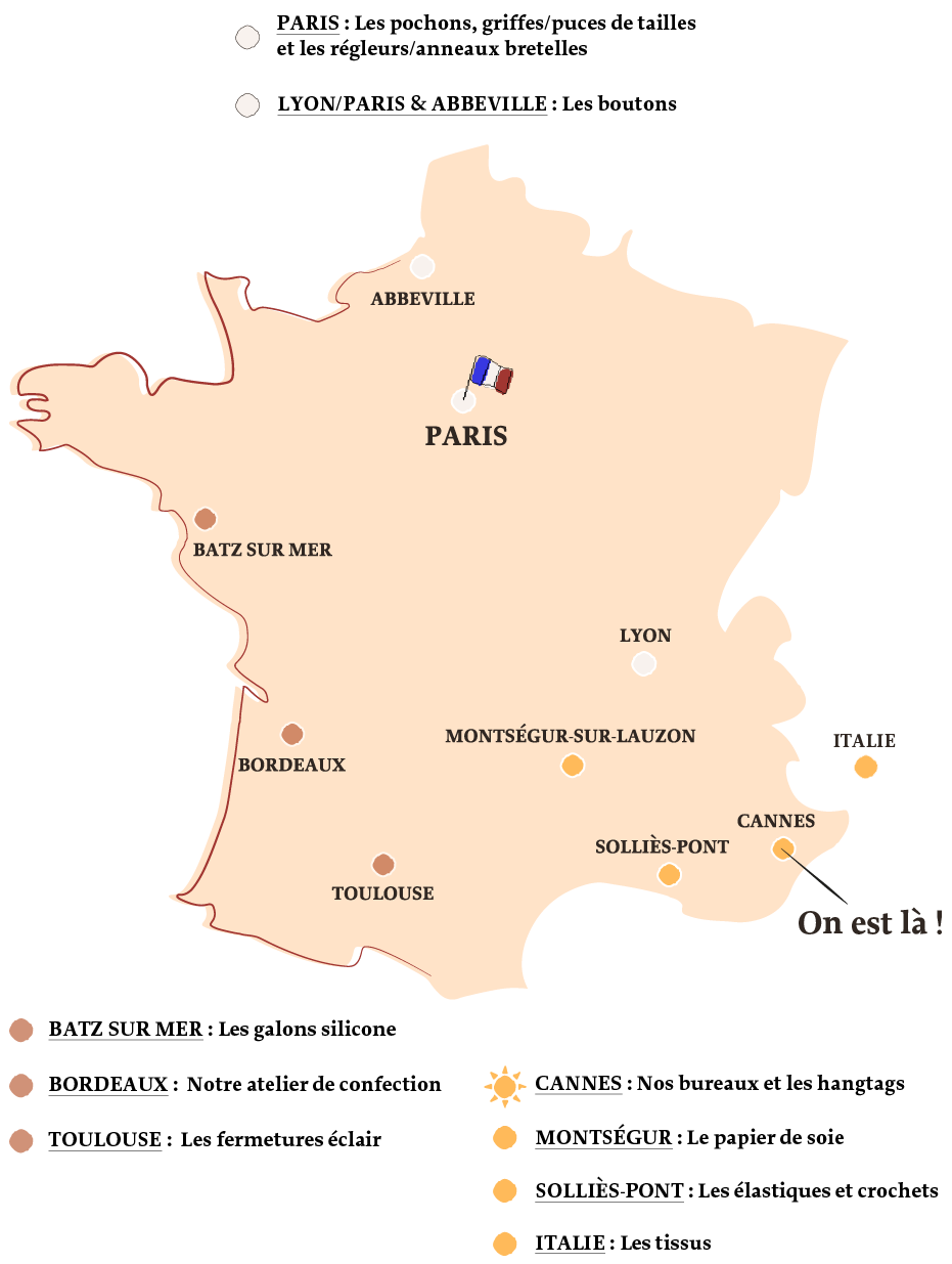 infographie carte de France avec les différents ateliers de Maison Prieto